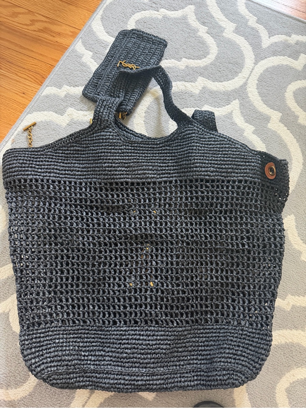 Icare Style Blue Black Raffia Maxi Tote Bag NWOT - Picture 5 of 7